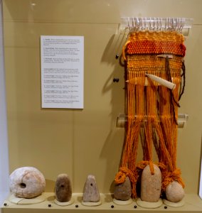 Needle, sword beater, pin beater, and loom weights, Shechem and Dothan, Iron Age I and II, bone or fired clay - Harvard Semitic Museum - Cambridge, MA - DSC06036