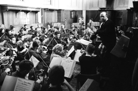 Nederlands Studenten Orkest aan het repeteren in het Ruine Kerkje te Bergen, ove, Bestanddeelnr 914-6838