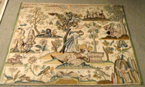 Needlework picture of Pyramus and Thisbe, England, 1650-1675, silk satin - Patricia Harris Gallery of Textiles & Costume, Royal Ontario Museum - DSC09348