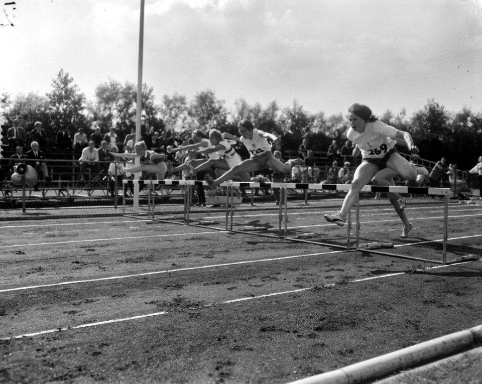 Nederlandse atletiek Beverwijk, 80 meter horden, voorgrond Lia Huiten met Pennae, Bestanddeelnr 916-7966