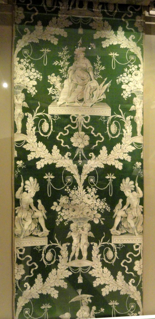 Neoclassical furnishing fabric, Les quatres parties du monde, Lyon France, c. 1785, silk lampas - Patricia Harris Gallery of Textiles & Costume, Royal Ontario Museum - DSC09410