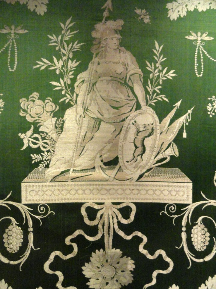 Neoclassical furnishing fabric detail, Les quatres parties du monde, Lyon France, c. 1785, silk lampas - Patricia Harris Gallery of Textiles & Costume, Royal Ontario Museum - DSC09411