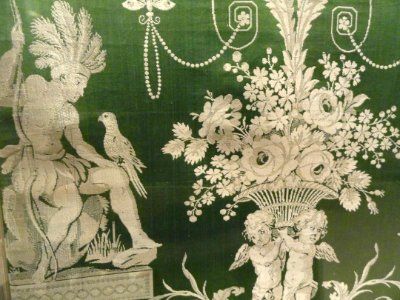 Neoclassical furnishing fabric detail, Les quatres parties du monde, Lyon France, c. 1785, silk lampas - Patricia Harris Gallery of Textiles & Costume, Royal Ontario Museum - DSC09412 photo