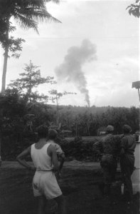 Nederlandse militairen kijken naar een grote rookpluim in de verte, Bestanddeelnr 3185