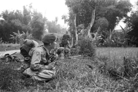 Nederlandse militairen liggen in stelling langs de kant van de weg, Bestanddeelnr 280-4-3