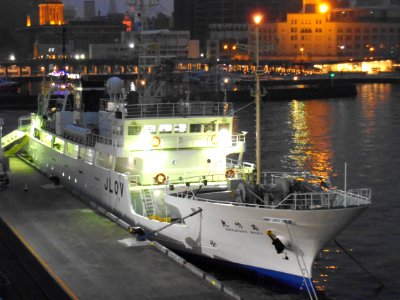 Night view of Wakatakemaru a fishery training vessel of Hokkaido Goverment Board of Education
