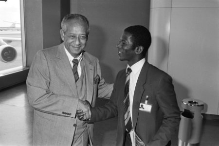 Nieuwe Surinaamse ambassadeur mr. H. Heidweiler (l) verwelkomd op Schiphol, Bestanddeelnr 933-0159