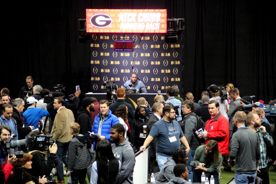 Nick Chubb speaking to the media, Jan 2018