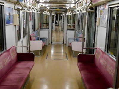 New tram inside viewing backward