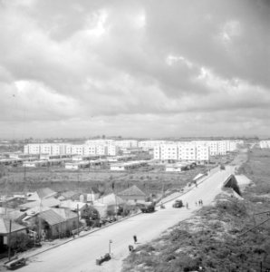 Nieuwbouw van flats aan de stadsrand van Tel Aviv met een verkeersweg met viaduc, Bestanddeelnr 255-1266