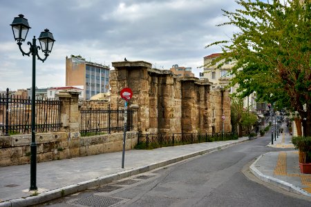 One of the remaining walls of the Library of Hadrian on Aiolou Street on April 22, 2020