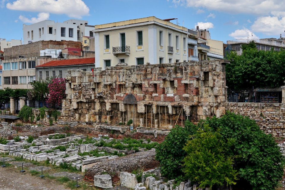 One of the remaining exterior walls of the Library of Hadrian on June 25, 2020