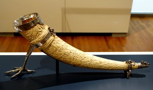 Oliphant, Sicily, 12th century AD, mounts added in England, 17th century AD, carved ivory with silver mounts, view 1 - Aga Khan Museum - Toronto, Canada - DSC06328