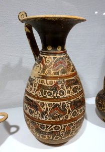 Olpe with swans, goats, panthers, and boars, Moore Painter, Greek, Corinthian, c. 600 BC, black, red, and white slip painted on earthenware - Krannert Art Museum, UIUC - DSC06544