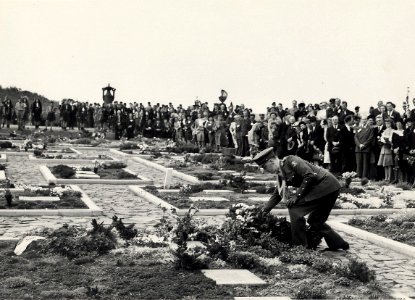 Op de Erebegraafplaats wordt namens H.M. de Koningin een krans gelegd. Aangekocht in 1977 van fotograaf C. de Boer. Identificatienummer 54-004058, NL-HlmNHA 54004058