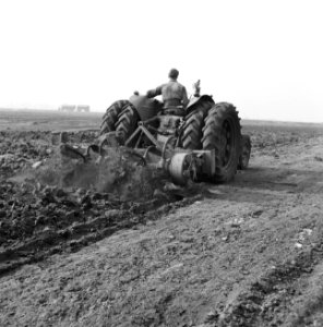 Ontginning, grondbewerking, egaliseren, bezanden, ruilverkavelingen, spitmachine, Bestanddeelnr 159-0686