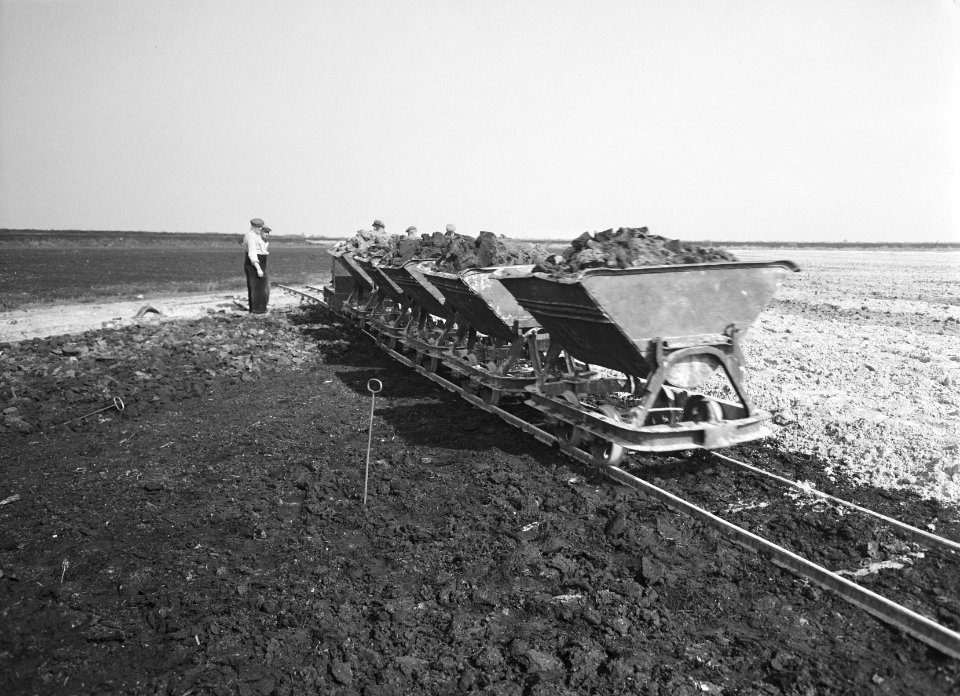 Ontginning, grondbewerking, egaliseren, bezanden, zandtreinen, arbeiders, kipkar, Bestanddeelnr 159-0257