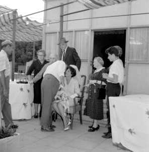 Ongesluierde bruid ontvangt felicitaties in het gezelschap van vrouwen en mannen, Bestanddeelnr 255-1994