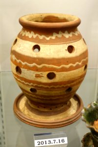 Onion planter or bulb pot, Pennsylvania, early 1800s, unglazed redware, white slip, item HD 2013.7.16 - Flynt Center of Early New England Life - Deerfield, Massachusetts - DSC04070