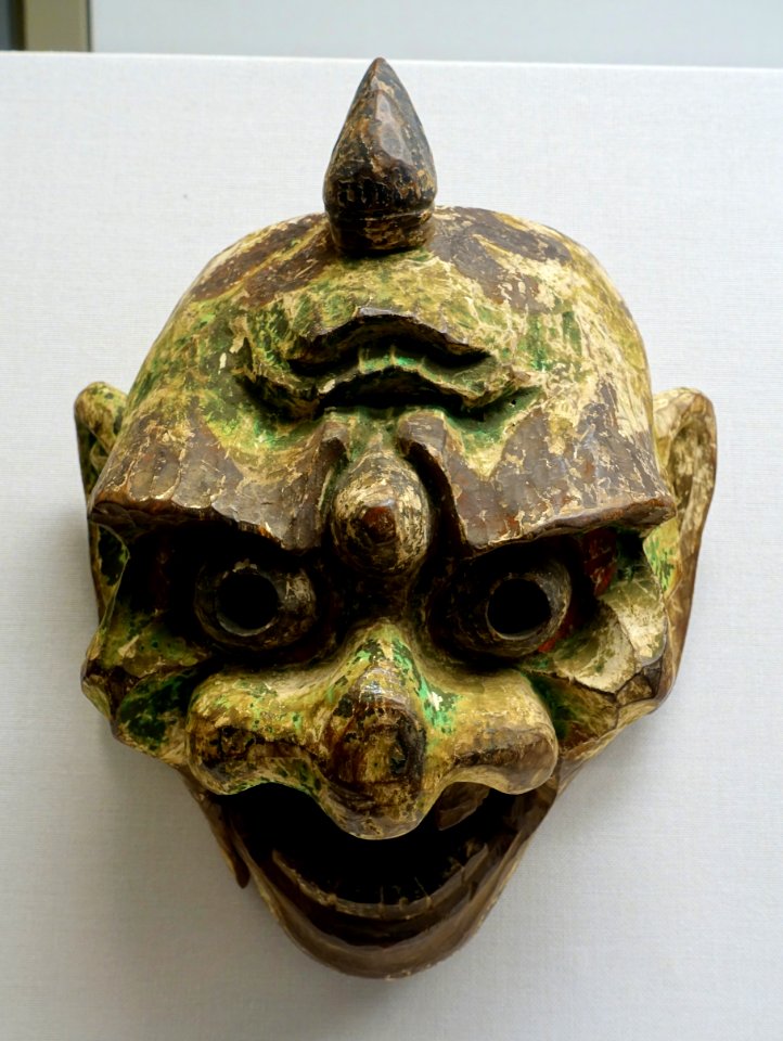 Oni tsuina mask, formerly passed down at Niutsuhime Jinja, Wakayama, Japan, Kamakura period, dated 1313 AD, wood with polychromy - Tokyo National Museum - To- Tokyo National Museum - Tokyo, Japan - DSC09079