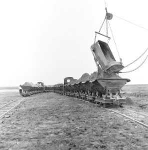 Ontginning, grondbewerking, egaliseren, bezanden, kipkarren, draglines, arbeider, Bestanddeelnr 159-0550