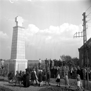 Onthulling monument gevallenen te Cuyk. Schoolkinderen leggen bloemen, Bestanddeelnr 902-2659