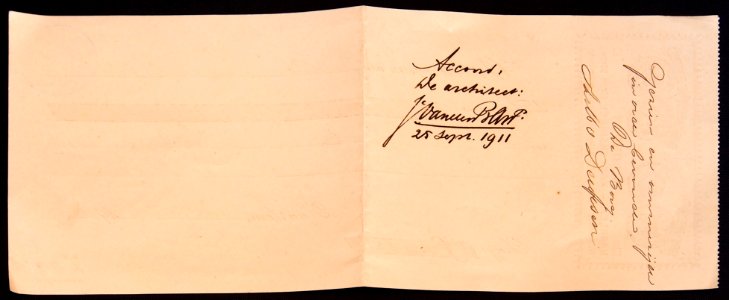 Ontvangstbewijs van H London en de Firma DROSTE & Co, voor de bouw van een fabriek (achterzijde)