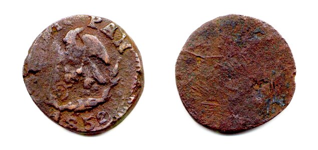 Octavilla de Uruapan (Michoacán) de 1852 (anverso y reverso)
