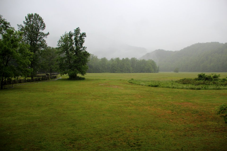 Oconaluftee Visitor Center field in rain, May 2017