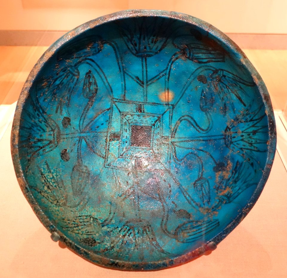 Nun Vessel - Egypt, reportedly Akhmim, New Kingdom, early Dynasty 18, c. 1539-1500 BC, blue faience with black painted details - Brooklyn Museum - Brooklyn, NY - DSC08743