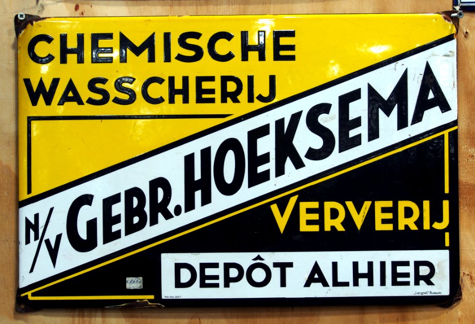 Nv Gebr Hoeksema, Chemische Wasscherij Ververij, emaille reklame bord