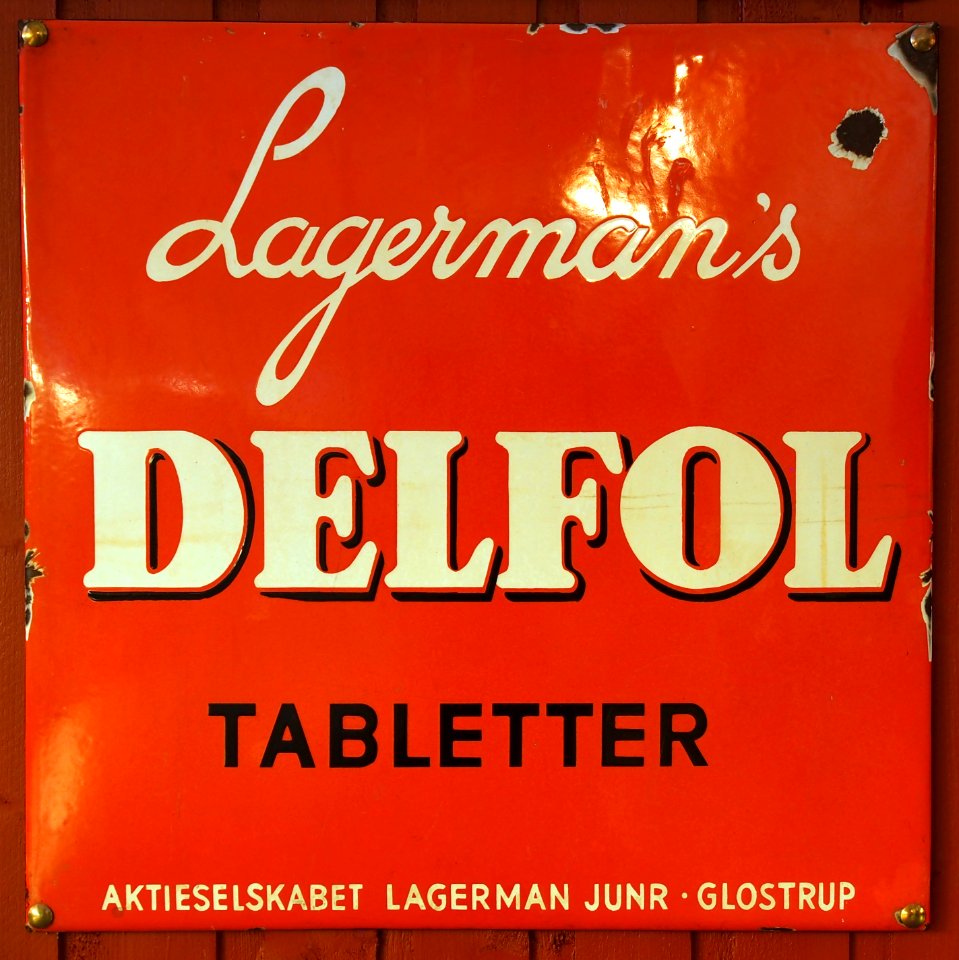 Old Danish enamel advertising sign, DELFOL tabletter