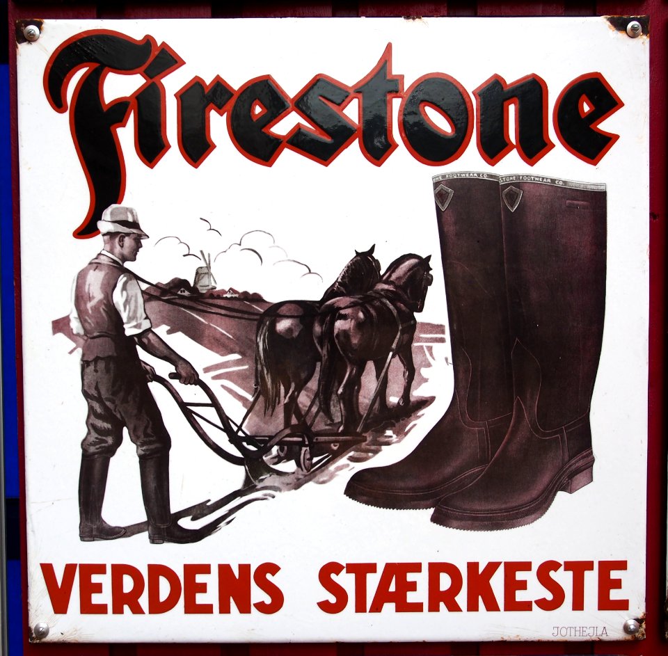 Old Danish enamel advertising sign, Firestone verdens staerkeste