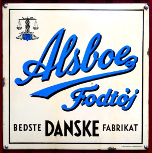 Old Danish enamel advertising sign, Alsboe Fodtoj