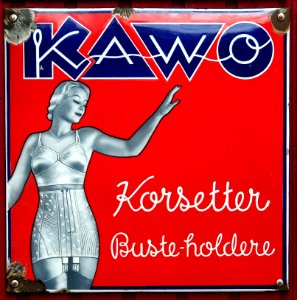 Old Danish enamel advertising sign, KAWO Korsetter (red)