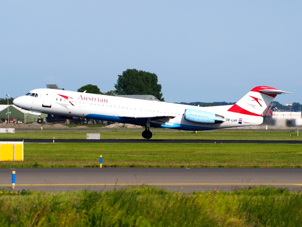 OE-LVF Austrian Airlines Fokker F100 - cn 11483, takeoff from Schiphol (AMS - EHAM), The Netherlands, 18may2014, pic-1