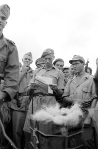 Officier van Regiment Stoottroepen bekijkt documenten, Bestanddeelnr 5823