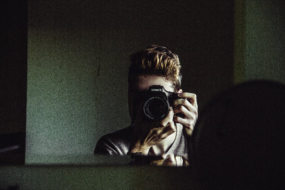Taking photo gray camera gray mirror