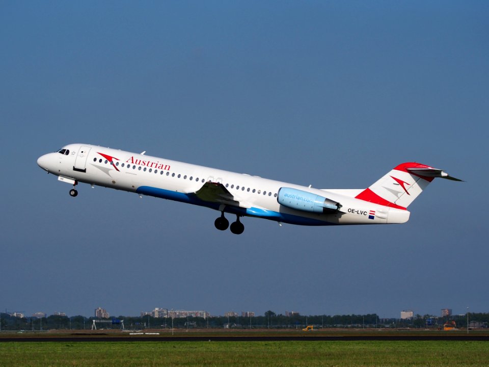 OE-LVC Austrian Airlines Fokker F100 - cn 11446, takeoff from Schiphol (AMS - EHAM), The Netherlands, 17may2014, pic-3