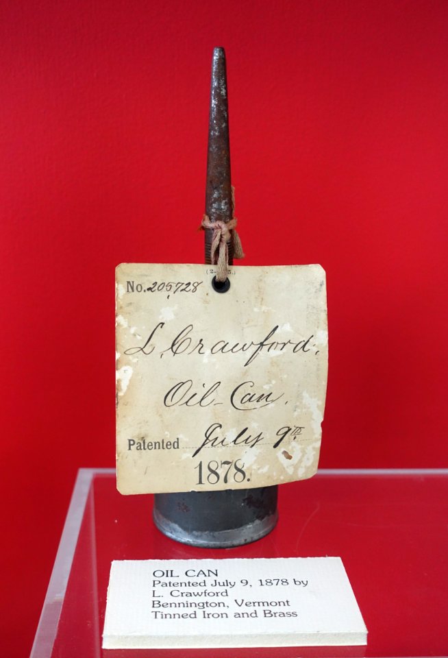 Oil can, patented July 9, 1878, by L. Crawford, Bennington VT, tinned iron and brass - Bennington Museum - Bennington, VT - DSC08615