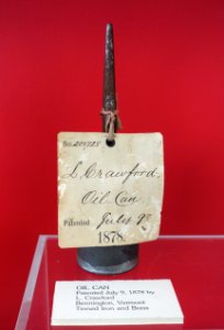 Oil can, patented July 9, 1878, by L. Crawford, Bennington VT, tinned iron and brass - Bennington Museum - Bennington, VT - DSC08615 photo