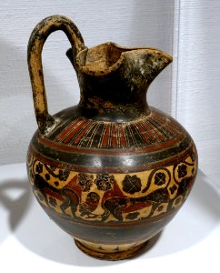 Oinochoe with owl, sphinx, bird, panthers, Greek, Corinthian, c. 600-590 BC, black, red, and white slip painted on earthenware - Krannert Art Museum, UIUC - DSC06548