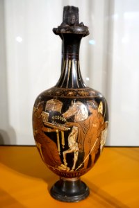 Oinochoe with warrior, horse, and woman, red figure, greater Greece, Apulia, c. 330-320 BC, ceramic - Hessisches Landesmuseum Darmstadt - Darmstadt, Germany - DSC01131