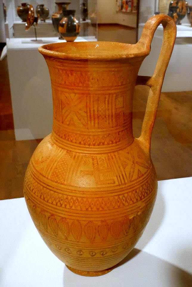 Oinochoe with friezes of diamonds, dots, stars, and swastikas, Greek, c. 700 BC, red-slip painted earthenware in the Geometric style - Krannert Art Museum, UIUC - DSC06677