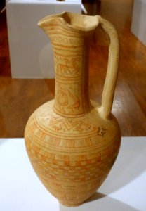 Oinochoe with friezes of riders, warriors, and birds with geometric patterns, Greek, c. 700 BC, red-slip painted earthenware in the Geometric style - Krannert Art Museum, UIUC - DSC06679