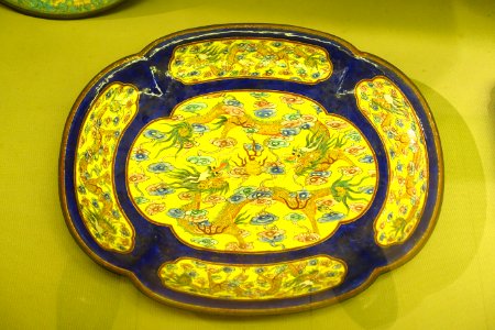 Offering dish for royal domestic use in Hue, Nguyen dynasty, 19th to early 20th century, enamel on bronze - National Museum of Vietnamese History - Hanoi, Vietnam - DSC05629