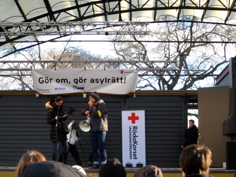 Organizers at demonstration against Swedish migration policy in Stockholm