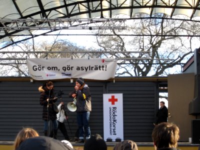 Organizers at demonstration against Swedish migration policy in Stockholm