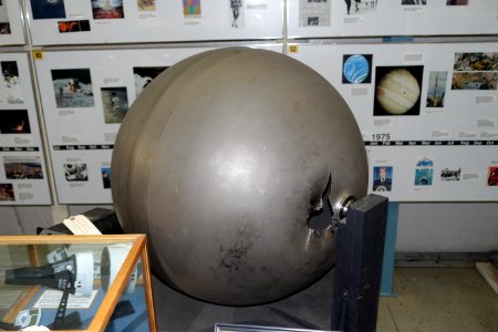 Oregon Space Ball, probably from the equipment module of Gemini 3, 4, or 5 mission, titanium - Oregon Air and Space Museum - Eugene, Oregon - DSC09748
