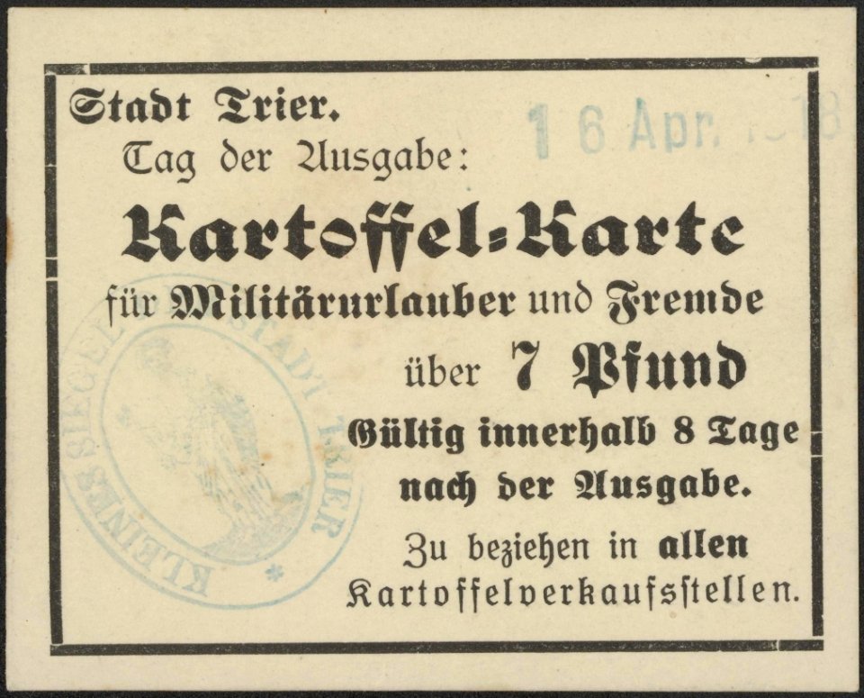 Originele distributiekaart Stadt Trier Kartoffel-Karte für Militärurlauber und , Bestanddeelnr 158-1870